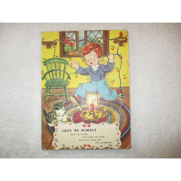 Vintage Jack be Nimble wooden puzzle, 1940. Mother Goose, Nursery Rhymes - Picture 1 of 10